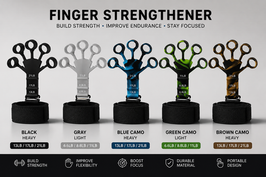 Finger strengthener with various color options and specifications on a white background