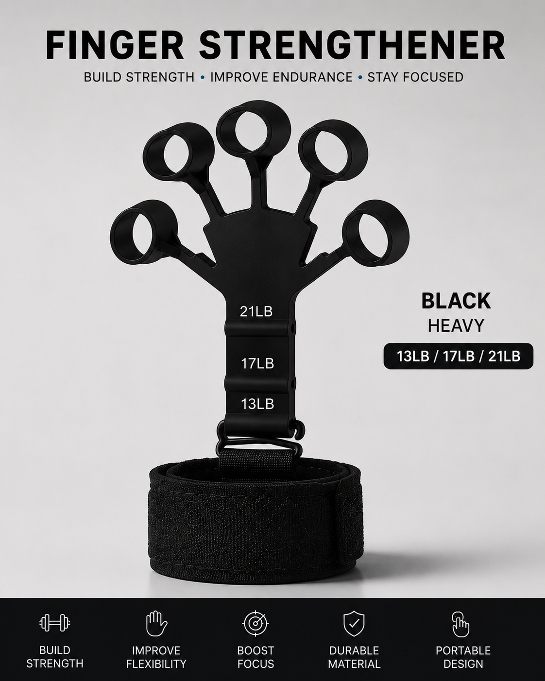 Black finger strengthener with weight indicators on a light gray background