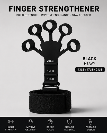 Black finger strengthener with weight indicators on a light gray background