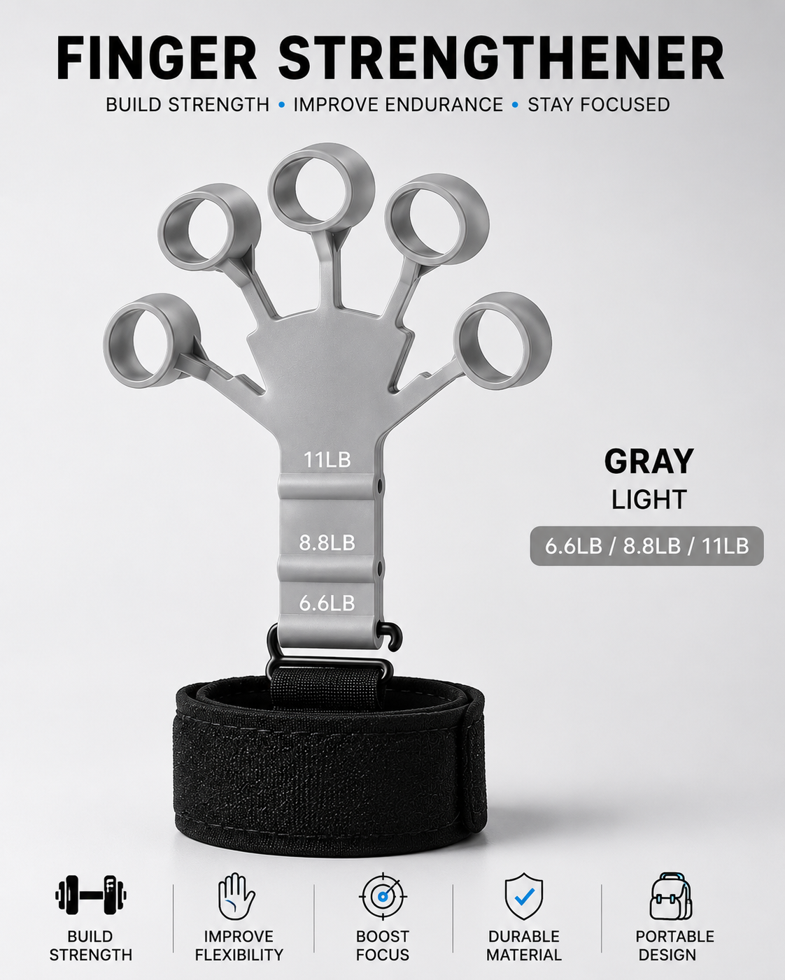 Gray finger strengthener with weight indicators on a white background
