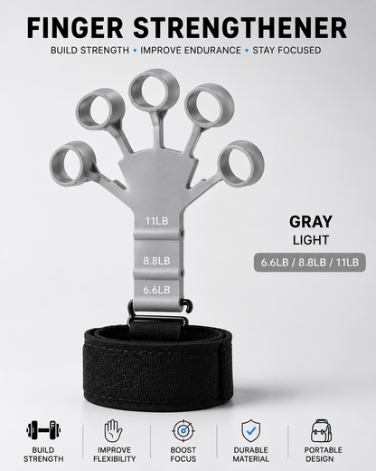 Gray finger strengthener with weight indicators on a white background