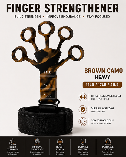 Brown camo finger strengthener with resistance levels on a white background